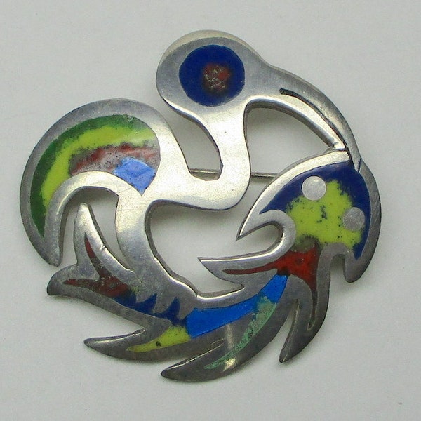 Sterling pin/brooch bird and fish , colorful enamel , marked 8973 Peru , Laffi style (9798)