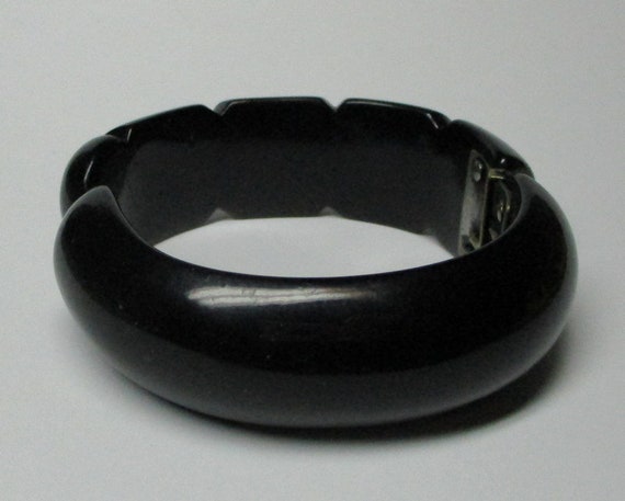 Bakelite bracelet . black with rhinestones , hing… - image 4