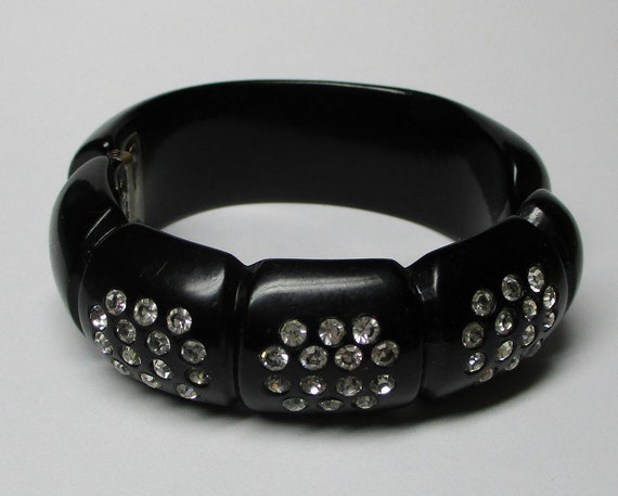 Bakelite bracelet . black with rhinestones , hing… - image 2