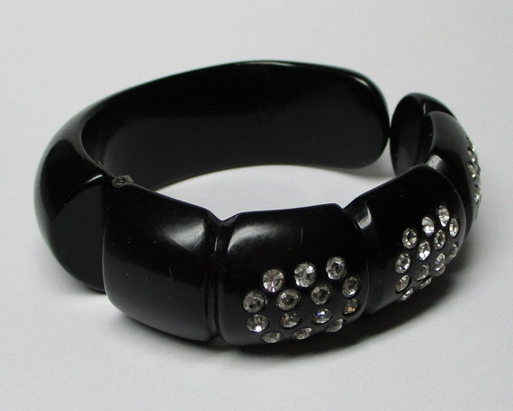 Bakelite bracelet . black with rhinestones , hing… - image 1