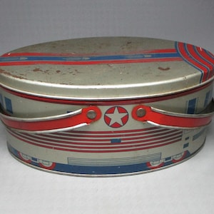Decoware Zephyr Railroad tin lunch box , train , oval shape , metal , vintage (9361)