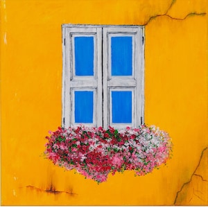 Rustic Window with Shutters Art Print - Yellow Wall and Flowers Acrylic Painting on Card