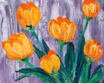 Orange Tulip Kisses Art on Card - Floral Painting