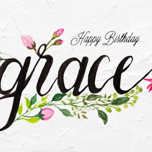 Cartão em aquarela de feliz aniversário com Grace e florais botânicos