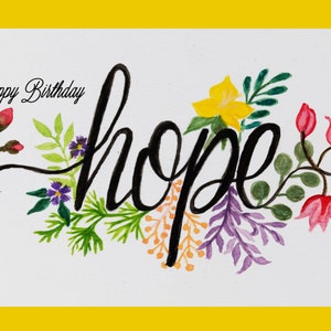 "Happy Birthday Aquarell Karte mit Hoffnung und botanischen Blumen."