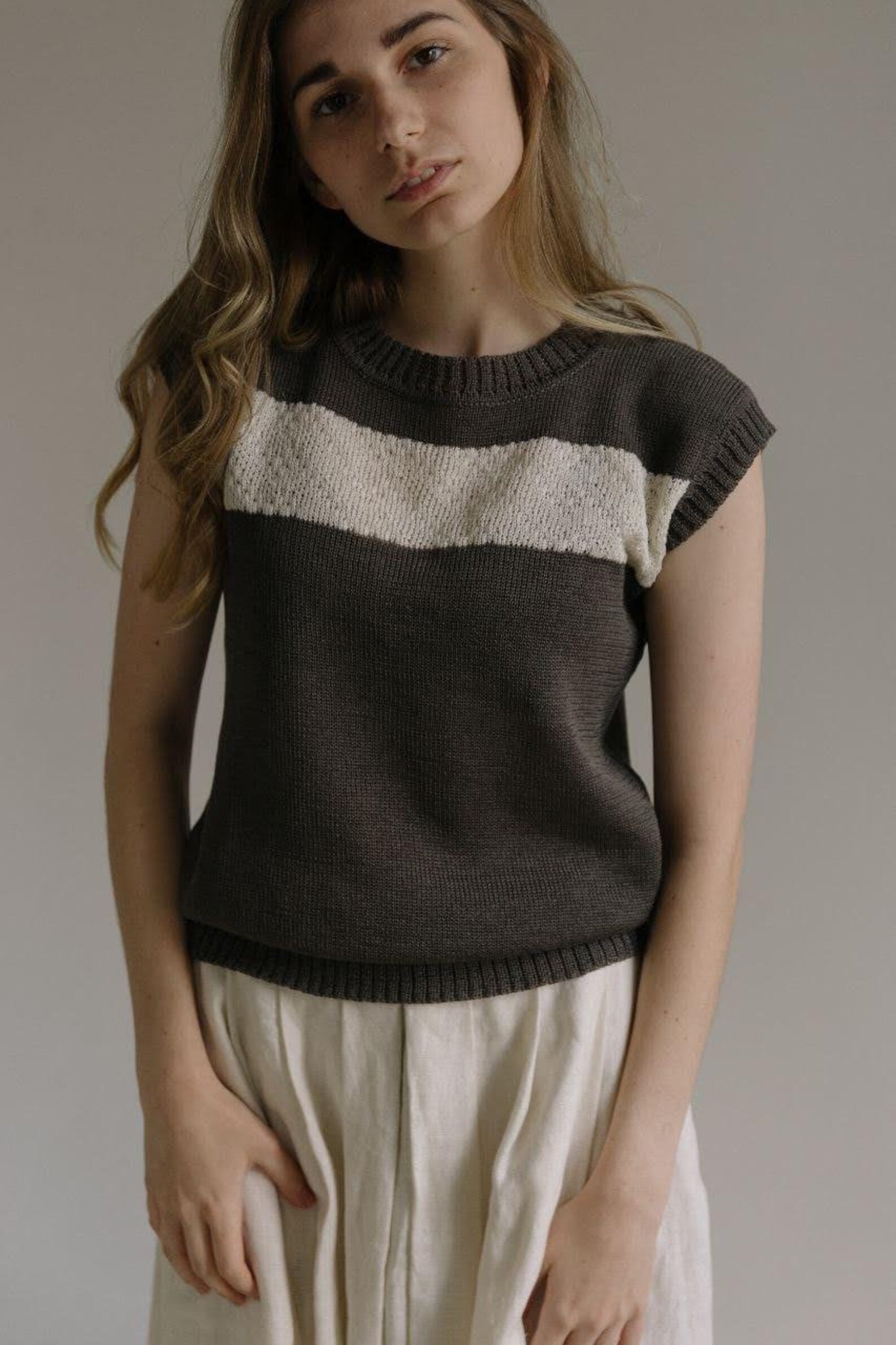 Knitted blouse for woman Brown cotton knit top Minimalist knit Etsy