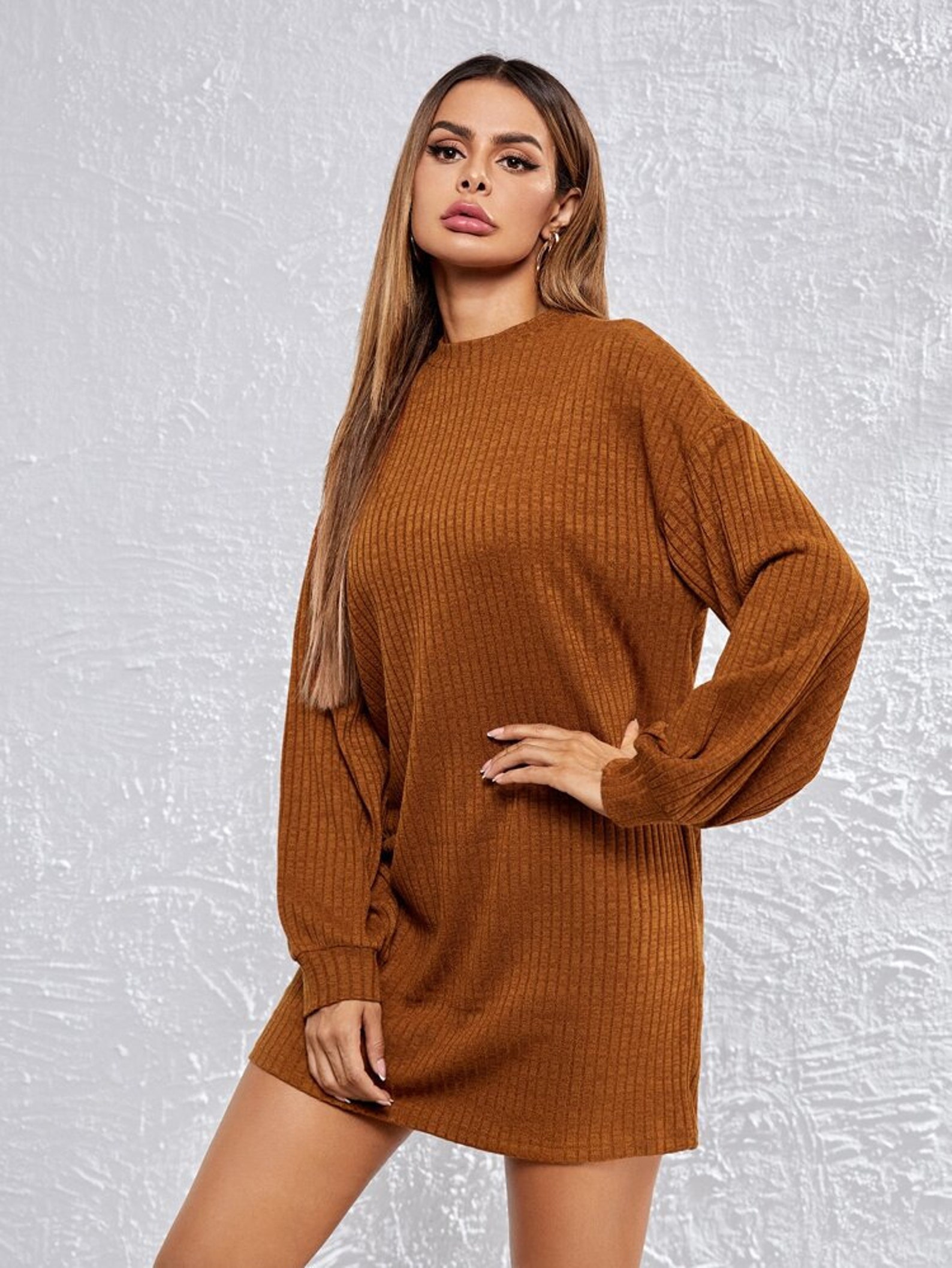 Drop Shoulder Ribbed Jumper Dress Brown and Black Etsy