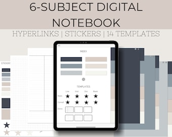 6 SUBJECT DIGITAL NOTEBOOK | GoodNotes Notebook | Hyperlinked journal, Diary, Notes, Plan, Free Digital Stickers, Dividers, Grey and Beige