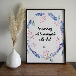 Nada es imposible para Dios, póster con cita inspiradora, arte mural con versículos bíblicos únicos para niñas, arte mural con versículos bíblicos imprimible
