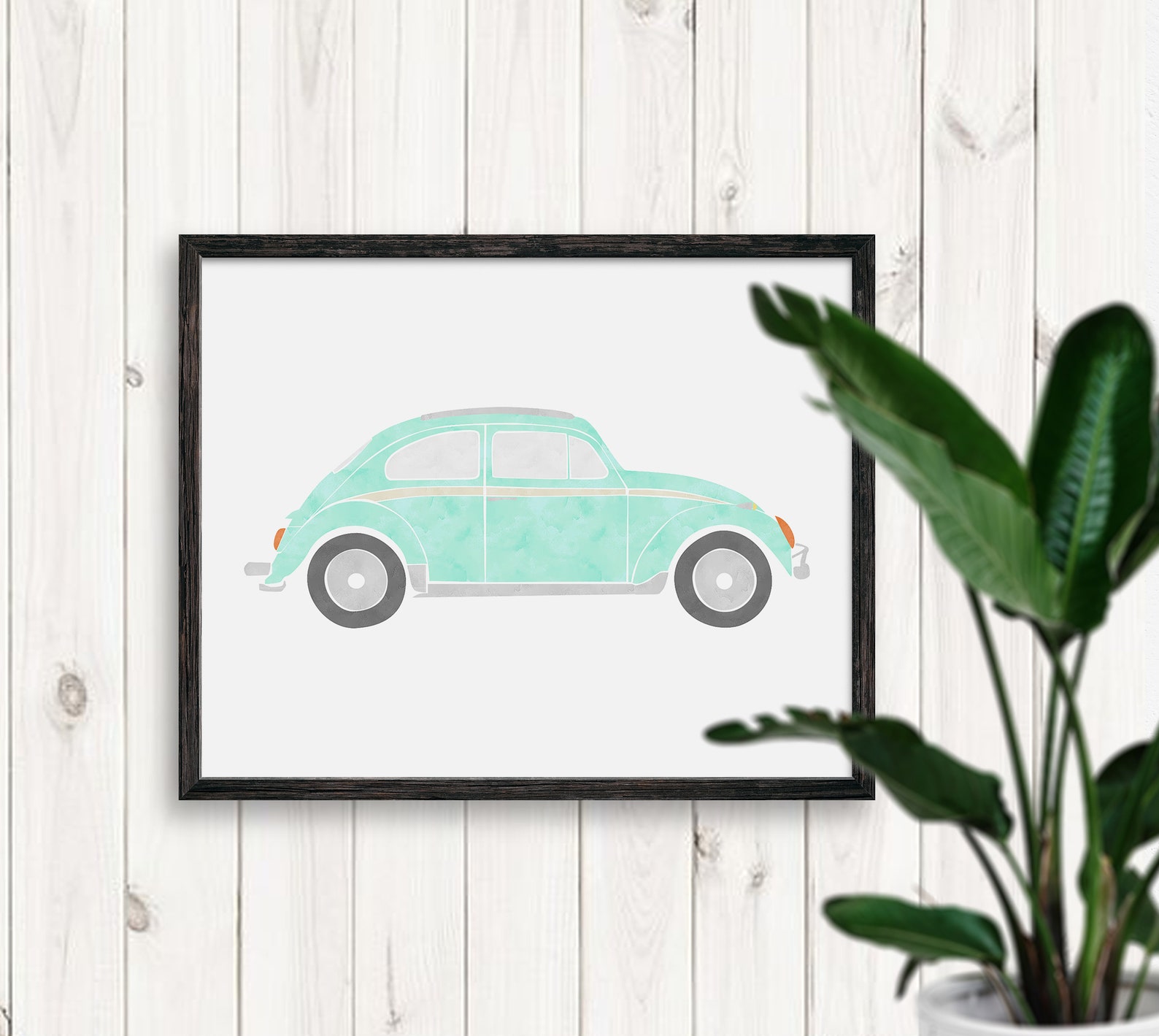 VW BUG, Vintage Car Abstract Wall Art, Kids Wall Art, Watercolor, 70's