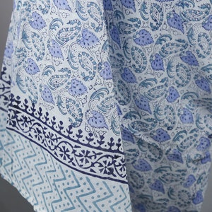 Hand Block Print Voile Soft Cotton Sarong, Long Scarf, Fashion Beach Cover up, Boho Pareo- Blue Leaves
