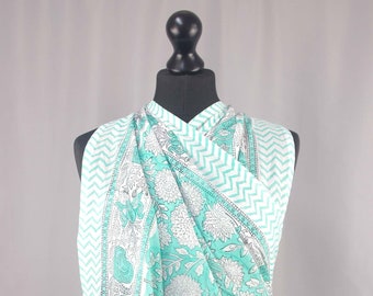 Handblockdruck, Voile, weicher Baumwollsarong, langer Schal, Mode-Strandabdeckung, Boho Pareo - Teal Blau Weiß Floral