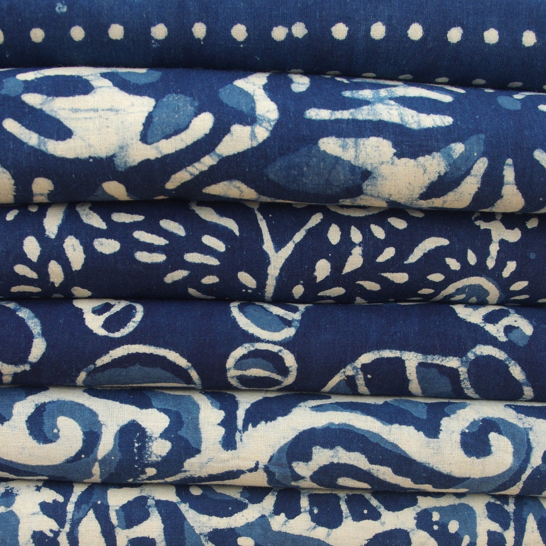 Hand Block Printed Natural Indigo 100% Cotton Fabric Designs - Etsy UK