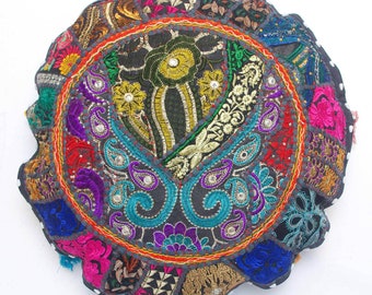 Round Floor Cushion Cover, Embroidered Patchwork Round Cushion Cover In 18'' ,Pouf Ottoman Indian Vintage Cushion Cover