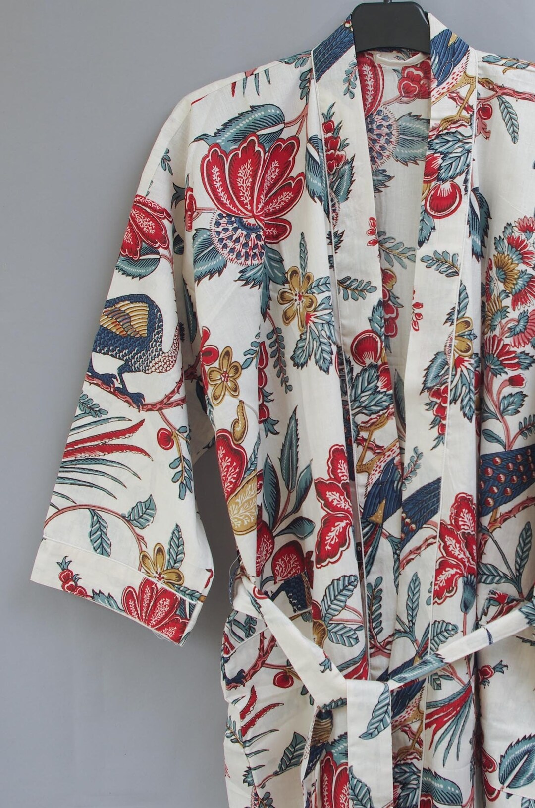 Cotton Kimono Robe Dressing Gown Tropical Birds and Fruits on White