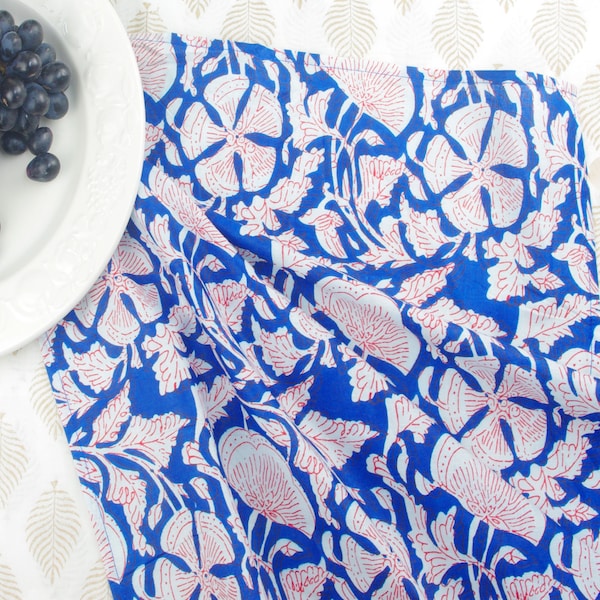 Hand Block Print Napkins, Cotton Napkins, Floral Napkin, Boho Table Setting, Bohemian Decor, Handmade, Set of 4- Blue Swedish