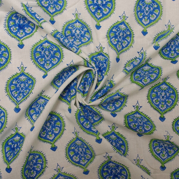 Indian Hand Block 100% Cotton Blue Green Motif Women Dress Fabric Design 109