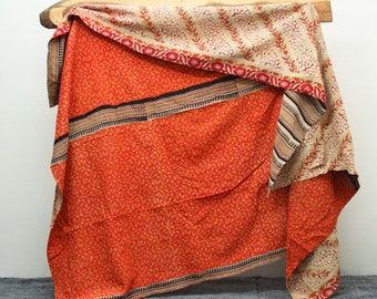 Details about   Indian Cotton Kantha Quilt King Size Bedspread Geometric Gudari Orange Coverlet 