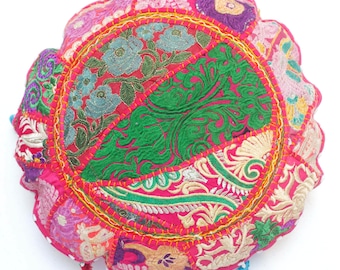 Round Floor Cushion Cover, Embroidered Patchwork Round Cushion Cover In 18'' ,Pouf Ottoman Indian Vintage Cushion Cover