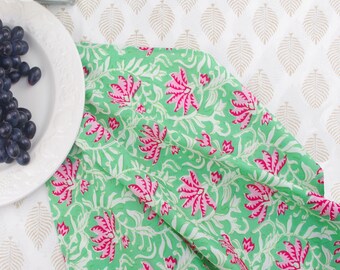 Hand Block Print Napkins, Cotton Napkins, Floral Napkin, Boho Table Setting, Bohemian Decor, Handmade, Set of 4- Green Lotus