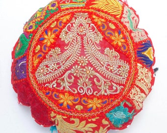 Round Floor Cushion Cover, Embroidered Patchwork Round Cushion Cover In 18'' ,Pouf Ottoman Indian Vintage Cushion Cover