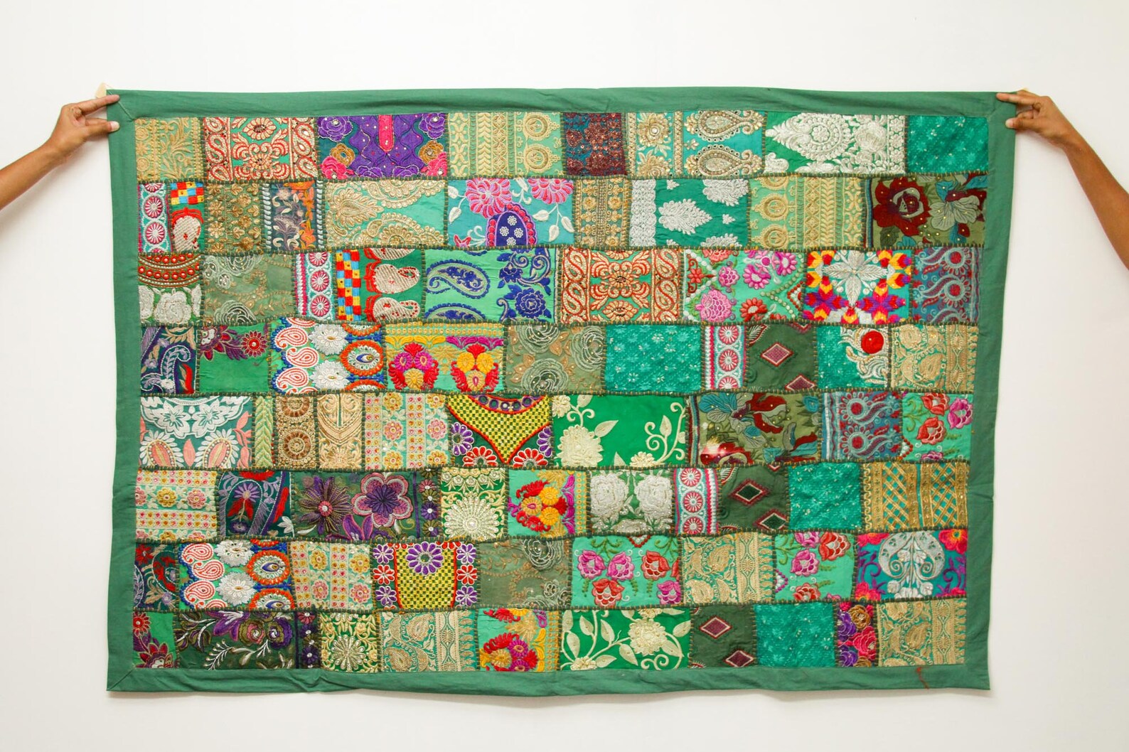 Green Sari Patchwork Wall Hanging Tapestry Indian Vintage Etsy UK