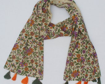 Scarves for Women, Women Accessories, Botanical Scarf, Cotton Scarf In Brown Orange Floral With Tussle, Soft Scarf