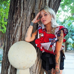 african print crop top, ruffled boho blouse, handmade top, spring summer top, backless top, slow fashion top