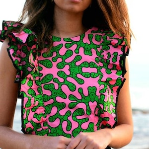 african print crop top, ruffled boho blouse, handmade top, spring summer top, backless top, slow fashion top