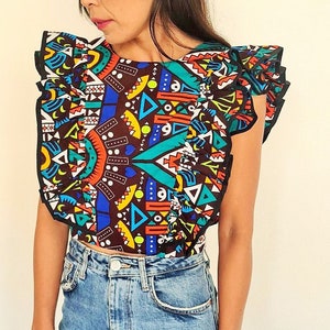 boho ruffle crop top, sleeveless top, tie backless top, folk top, colorful blouse for women, african print top, evening blouse,