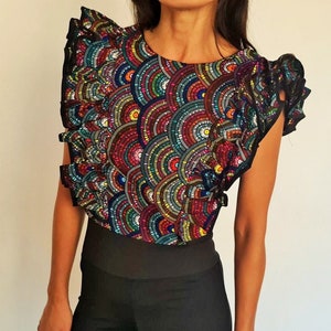 crop top with backless, ruffle african print top, folk blouse, ethnic and folklore top, evening crop top, boho top for women,