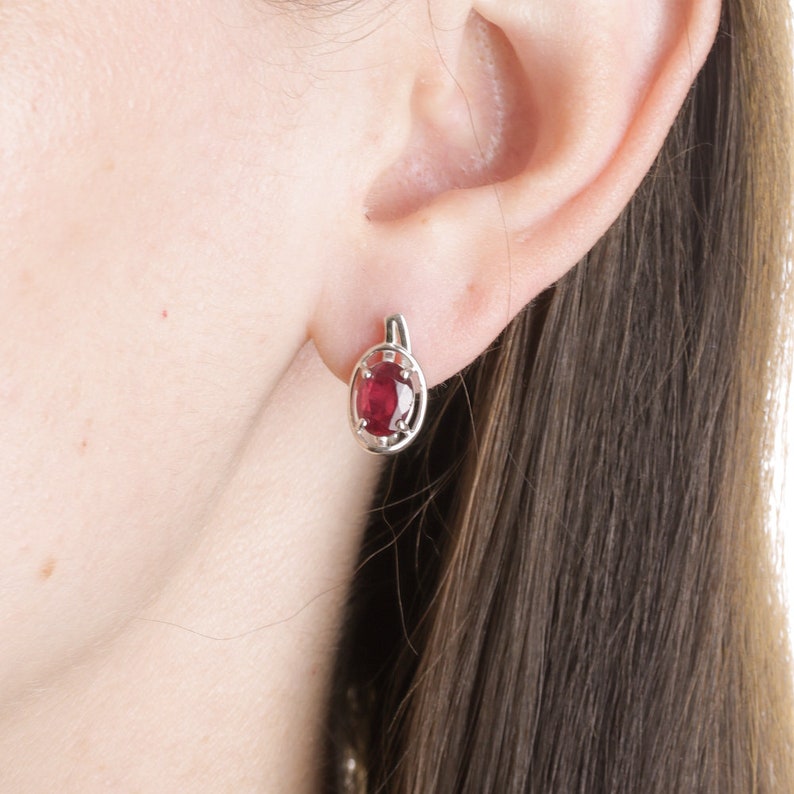 Ruby Earrings Silver Earrings For Women Dainty Bridesmaid Earrings with Latch Lock. July Red Birthstone Gift