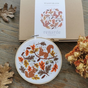 Autumn under the old oak : Beginner cross stitch kit, squirrel embodery image 1