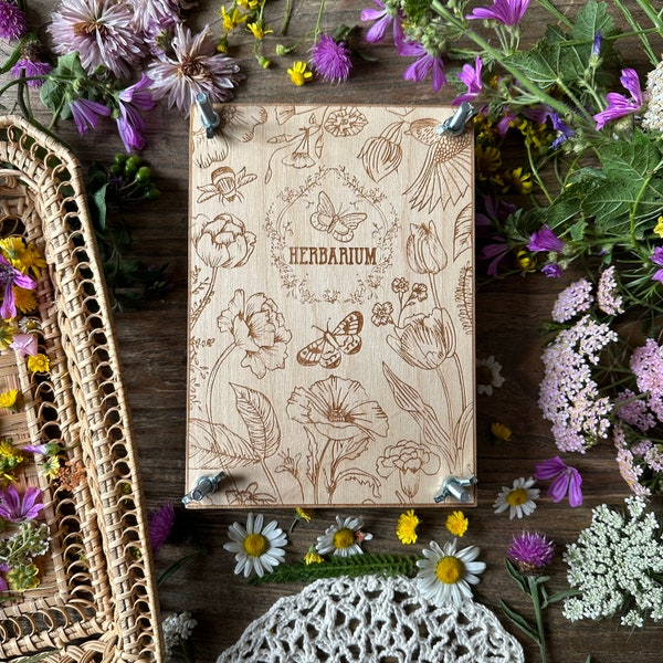 Presse à fleurs illustrée, herbier en bois gravé pour adultes et enfants, cadeau botanique pour les amoureux des plantes et l'art floral