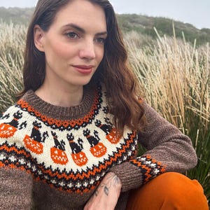 Halloween Sweater Knitting Pattern PDF PumCat : Pumpkin & Black Cat Sweater (Adult and Child Sizes, Easy Tutorial FR EN)