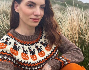 Wzór na sweter PumCat na Halloween w formacie PDF – Wzór na sweter żakardowy z motywem dyni z czarnym kotem – Rozmiary dla dorosłych i dzieci – Łatwy samouczek po francusku i angielsku