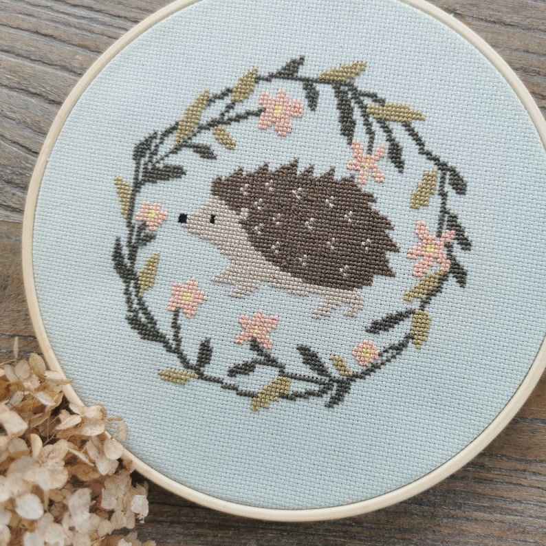 Spring stroll Cross stitch pattern available in French and English, hedgehog embroidery image 2