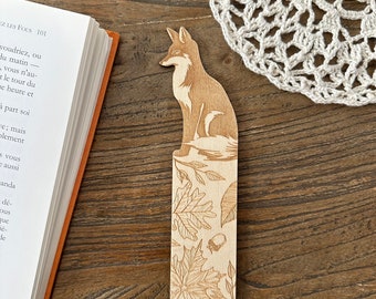 Marque page renard et feuilles - Marque page en bois gravé et découpé au laser, automne