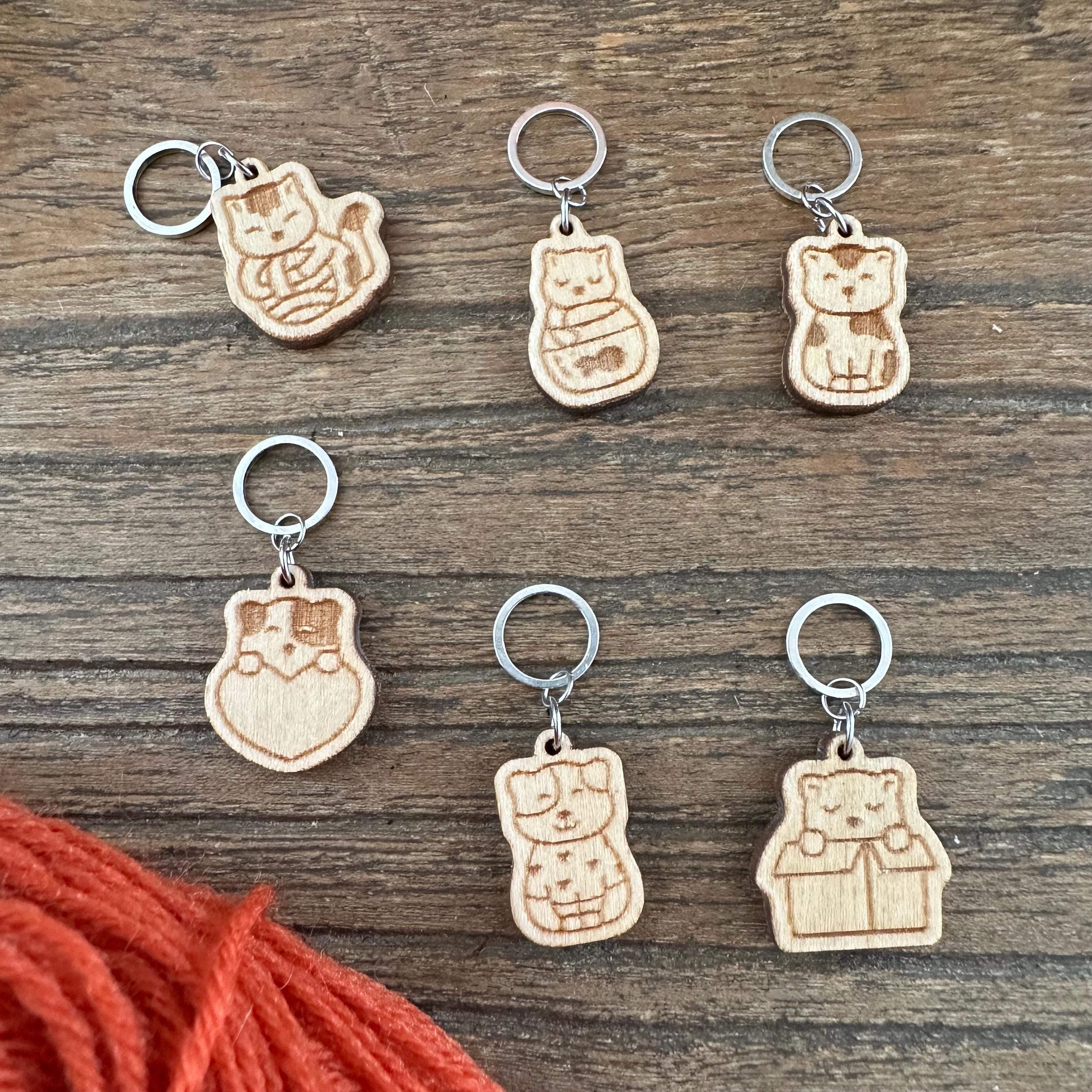 Knitting wooden stitch markers, set of 6: cat collection