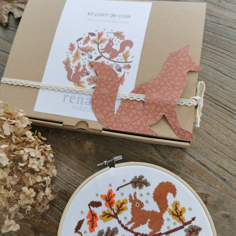 Autumn under the old oak : Beginner cross stitch kit, squirrel embodery image 7