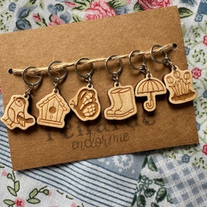 Knitting wooden stitch markers, set of 6: spring collection (bird, birdhouse, butterfly, boots, umbrella, tulips)