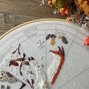 February embroidery pattern : calendar to embroider, seasons winter fox phenology wheel