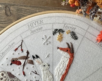 February embroidery pattern : calendar to embroider, seasons winter fox phenology wheel