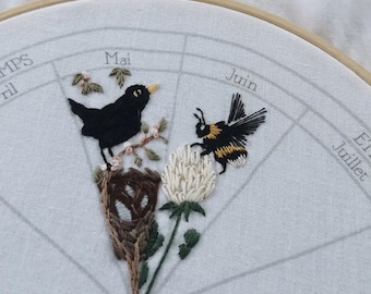 May embroidery pattern : calendar to embroider, seasons phenology wheel, bird nest spring garden