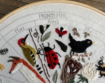 April embroidery pattern : calendar to embroider, seasons phenology wheel, ladybug spring garden