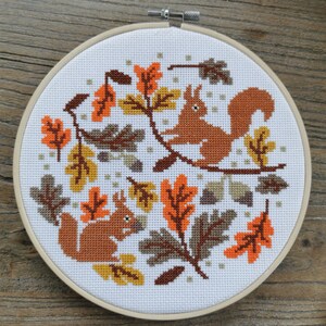 Autumn under the old oak : Beginner cross stitch kit, squirrel embodery image 6