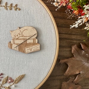 Cat and books - Magnetic needle minder, embroidery accessory, cross stitch