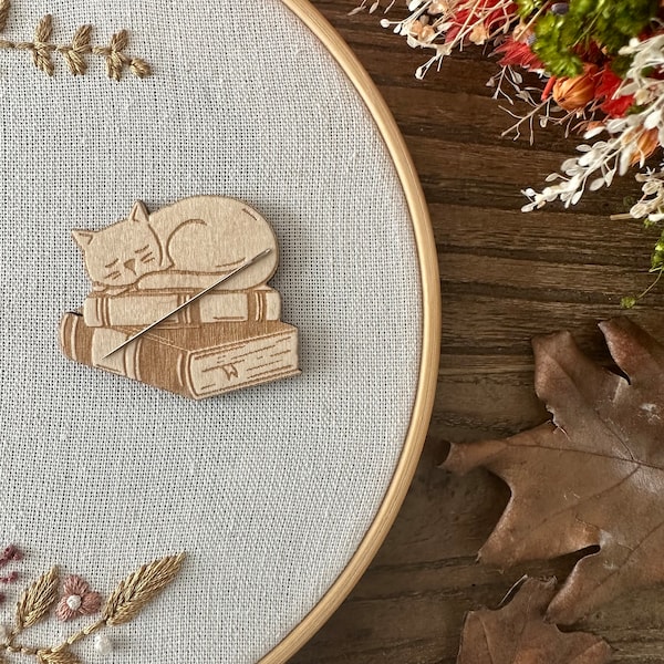 Cat and books - Magnetic needle minder, embroidery accessory, cross stitch