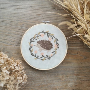 Spring stroll Cross stitch pattern available in French and English, hedgehog embroidery image 1