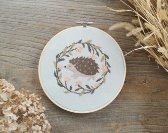 Spring stroll - Cross stitch pattern available in French and English, hedgehog embroidery